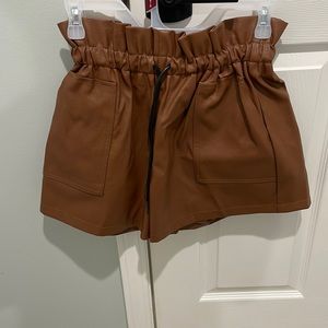 Brown Faux Leather Shorts with cinch tie waist